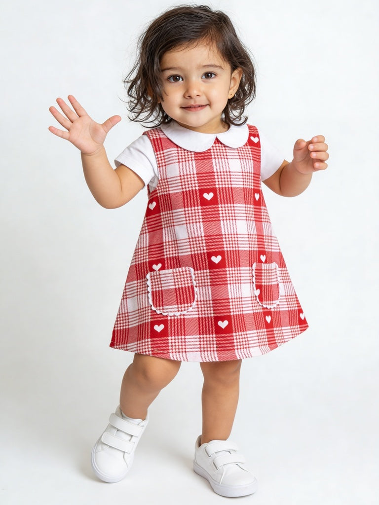 Hop Baby Girls Red Checks Cotton Pinafore And T-Shirt Set