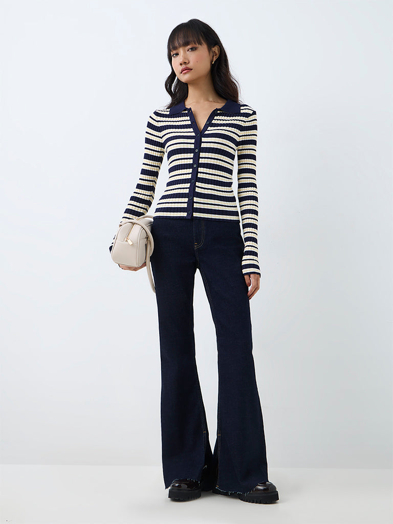 Nuon Dark Blue Solid High-Waist Bootcut Jeans