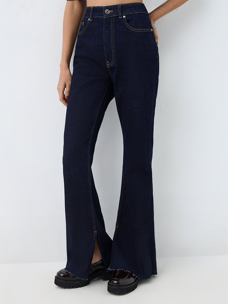 Nuon Dark Blue Solid High-Waist Bootcut Jeans