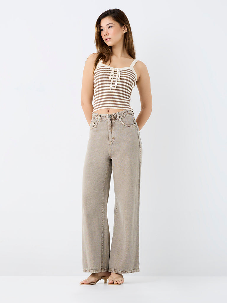 Nuon Brown Striped Bow-Detail Top