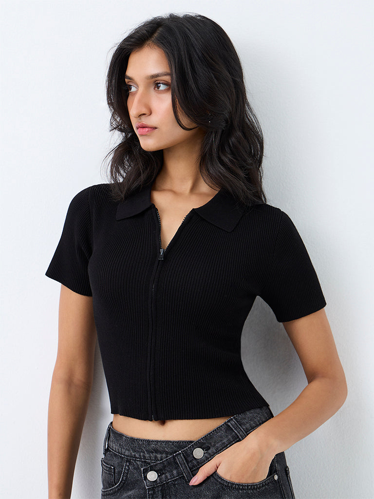 Nuon Black Ribbed Zipper-Front Top