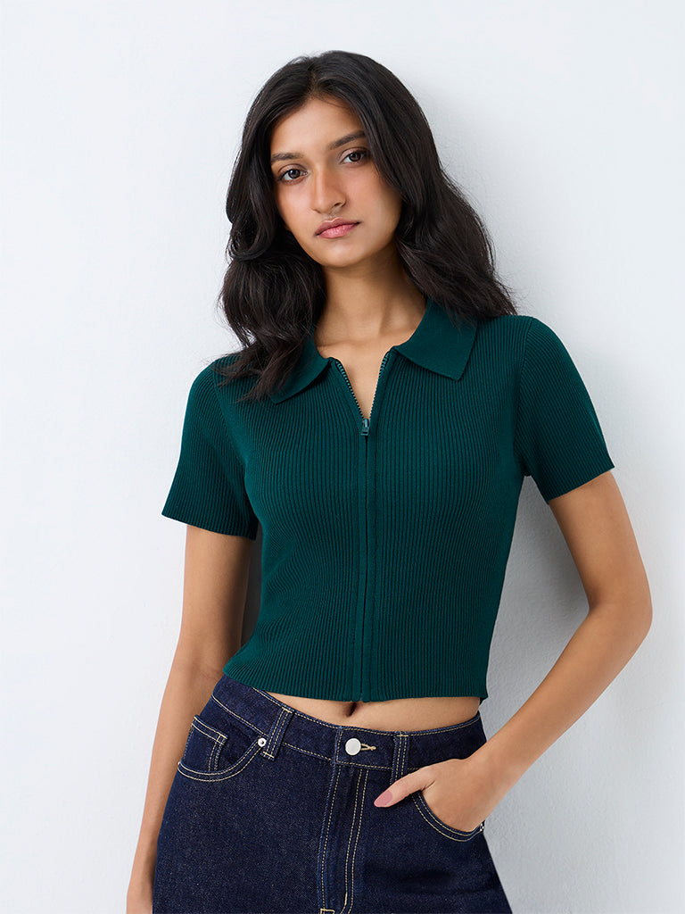 Nuon Dark Green Ribbed Zipper-Front Top