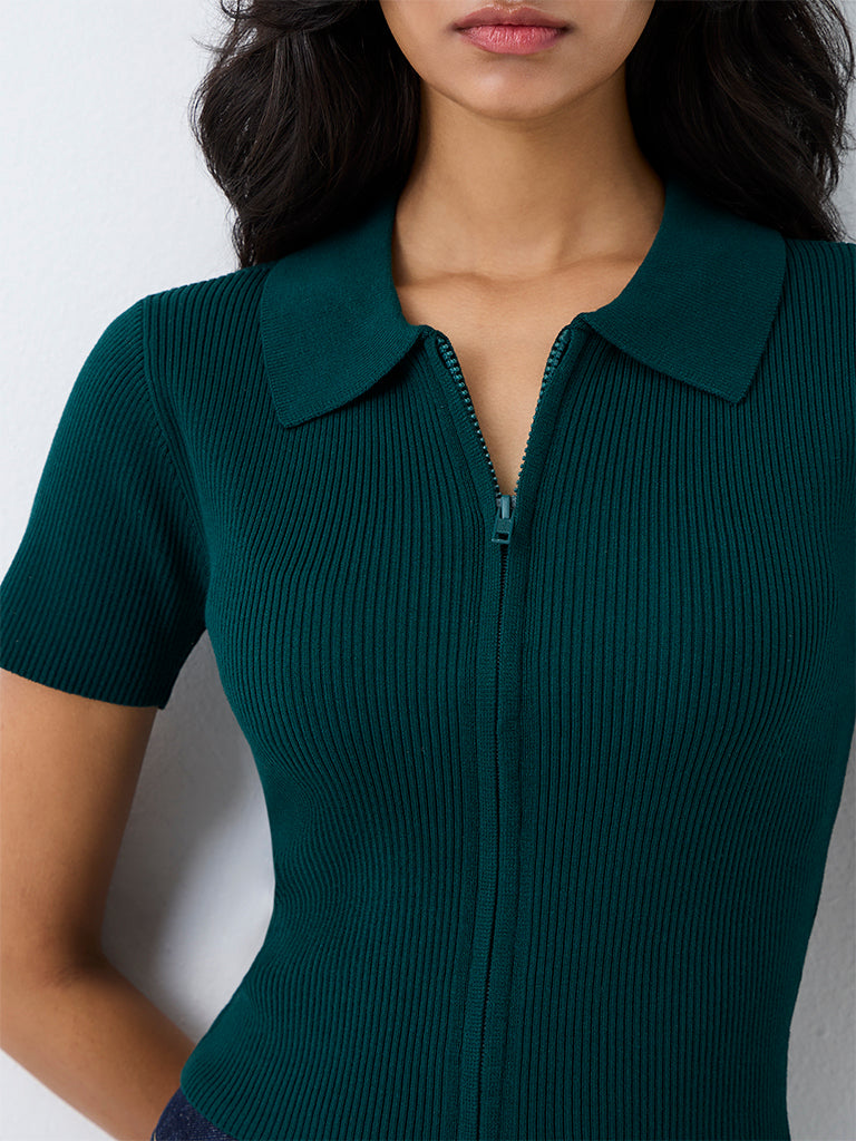 Nuon Dark Green Ribbed Zipper-Front Top