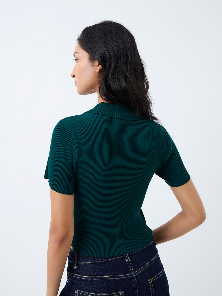 Nuon Dark Green Ribbed Zipper-Front Top