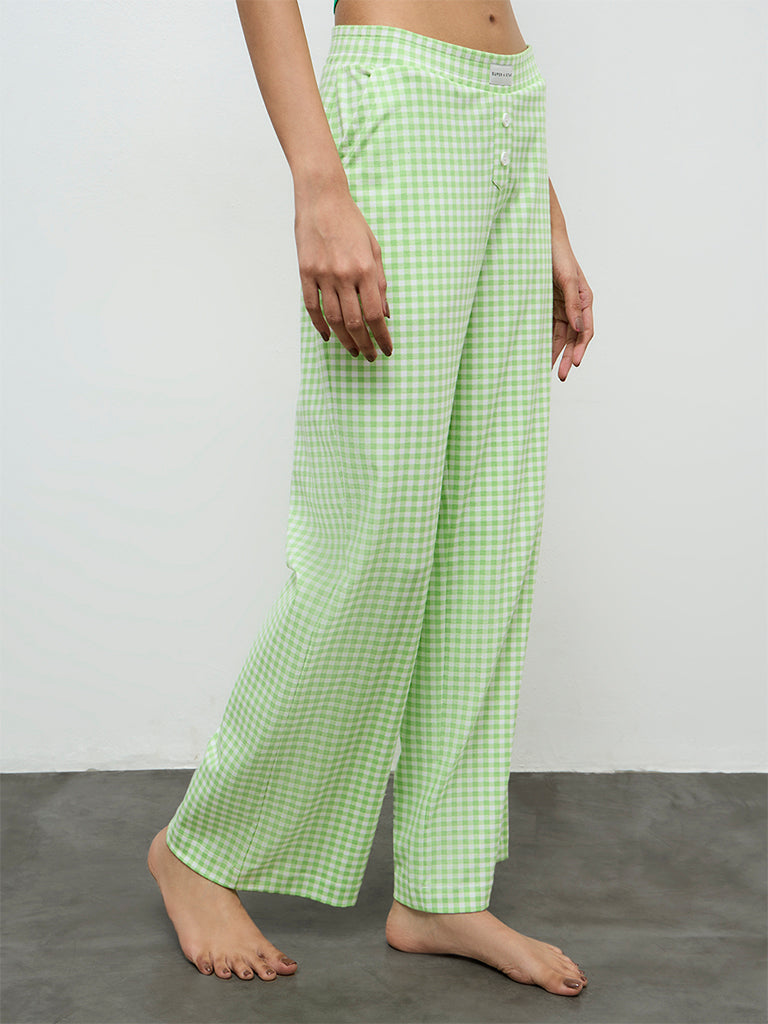 Superstar Green Checkered High-Rise Cotton-Blend Pants