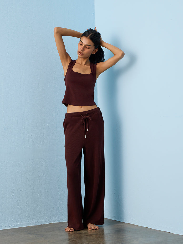 Superstar Brown Solid Square-Neck Cotton-Blend Tank Top
