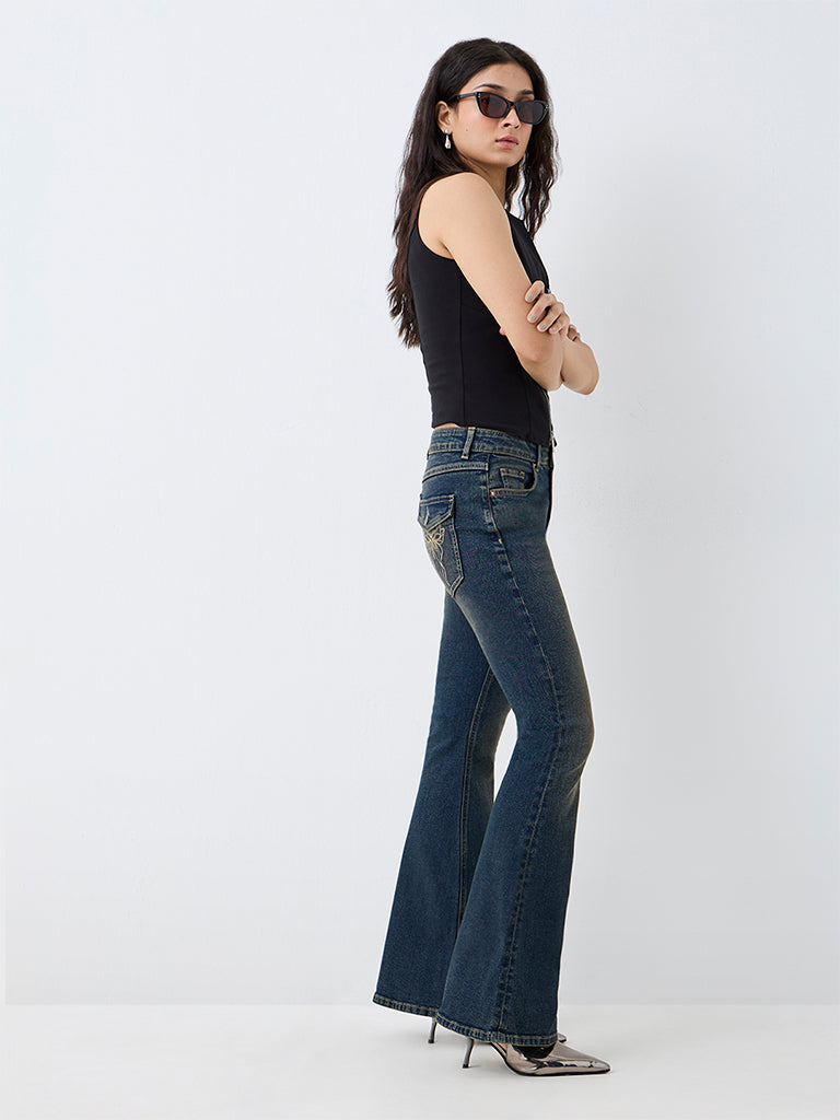 Nuon Dark Blue Wash High-Waist Bootcut Jeans with Butterfly Embroidery