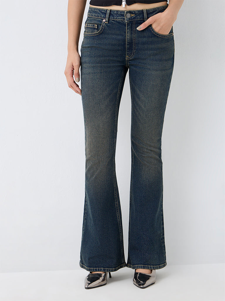 Nuon Dark Blue Wash High-Waist Bootcut Jeans with Butterfly Embroidery