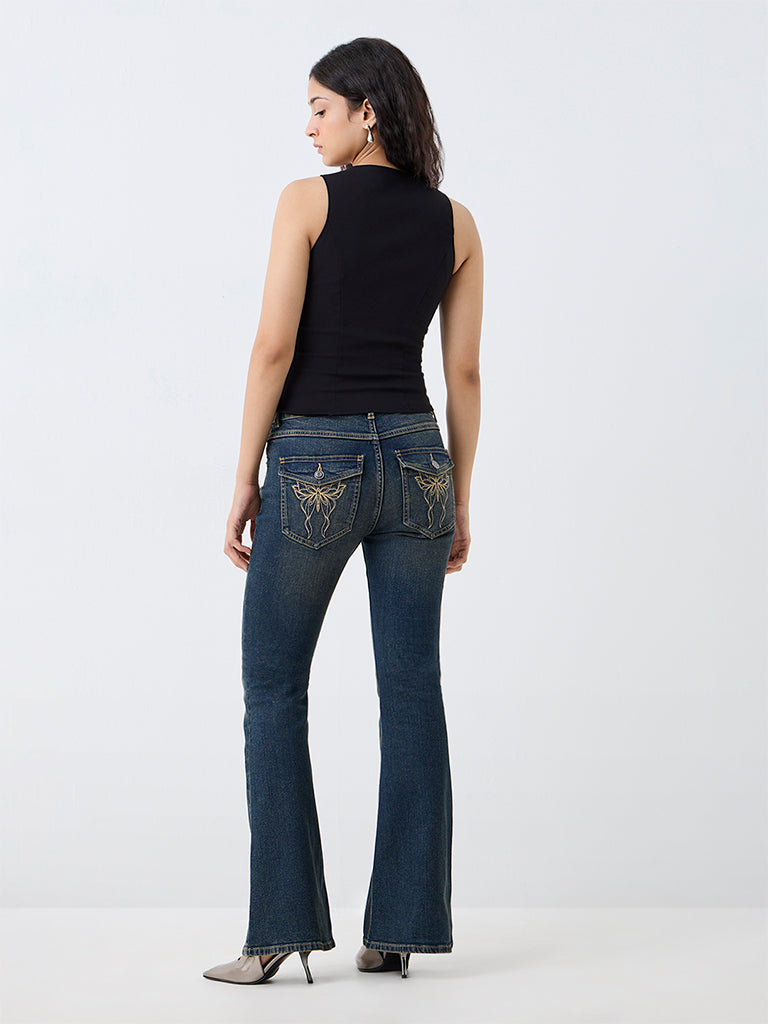 Nuon Dark Blue Wash High-Waist Bootcut Jeans with Butterfly Embroidery