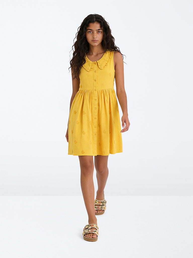 Utsa Kids Girls Yellow Floral Embroidered Cotton-Blend A-Line Dress - (8-14 yrs)