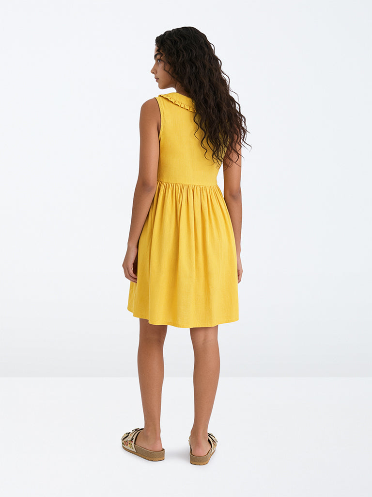 Utsa Kids Girls Yellow Floral Embroidered Cotton-Blend A-Line Dress - (8-14 yrs)
