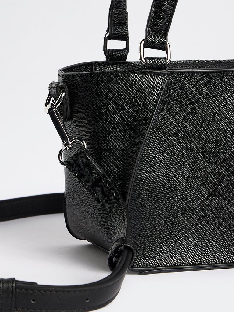 Westside Black Textured Handbag with Sling Handle