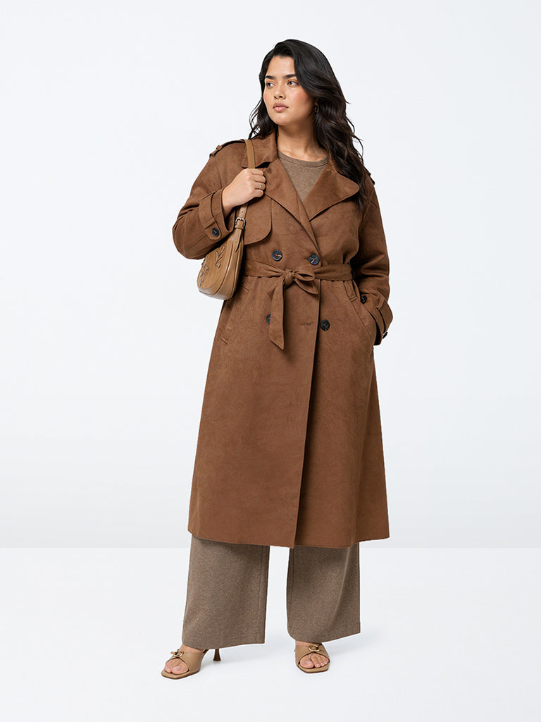 Gia Dark Brown Suede Trench Jacket with Belt