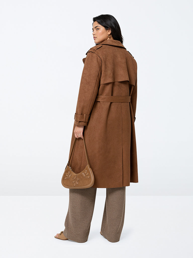 Gia Dark Brown Suede Trench Jacket with Belt
