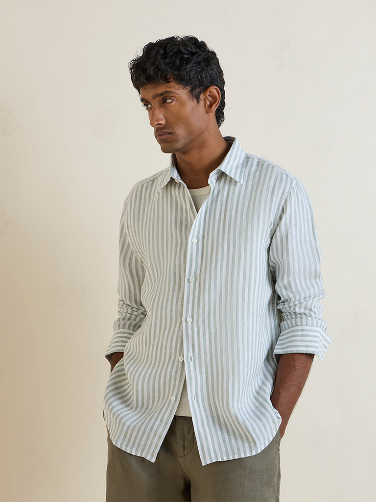 Ascot Sage Green Striped Relaxed-Fit Linen Shirt