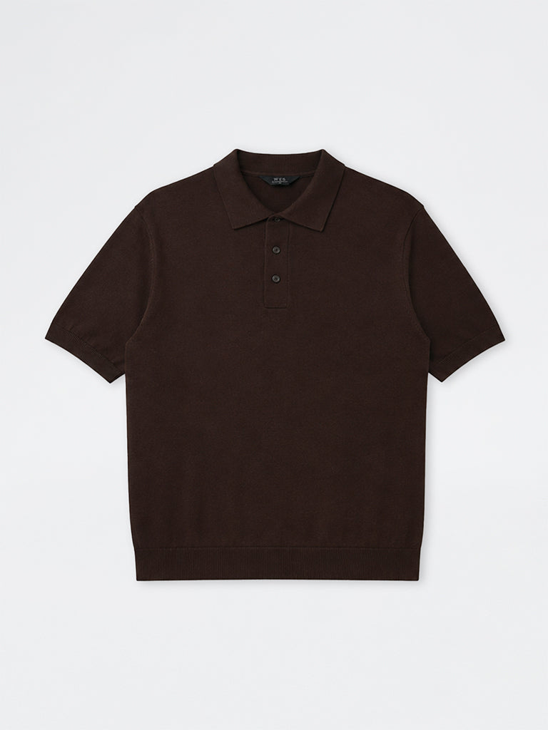 WES Formals Dark Brown Relaxed-Fit Cotton-Blend Polo T-Shirt