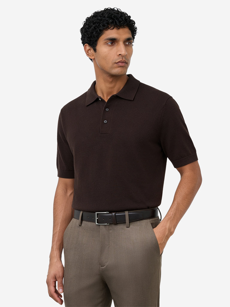 WES Formals Dark Brown Relaxed-Fit Cotton-Blend Polo T-Shirt