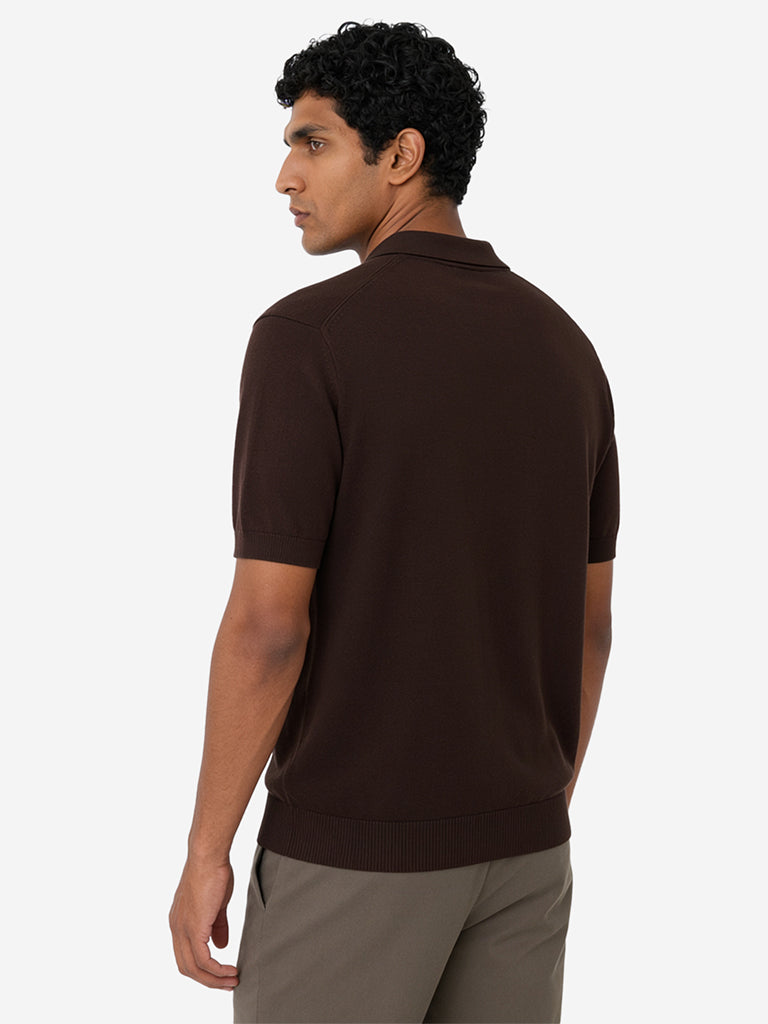 WES Formals Dark Brown Relaxed-Fit Cotton-Blend Polo T-Shirt