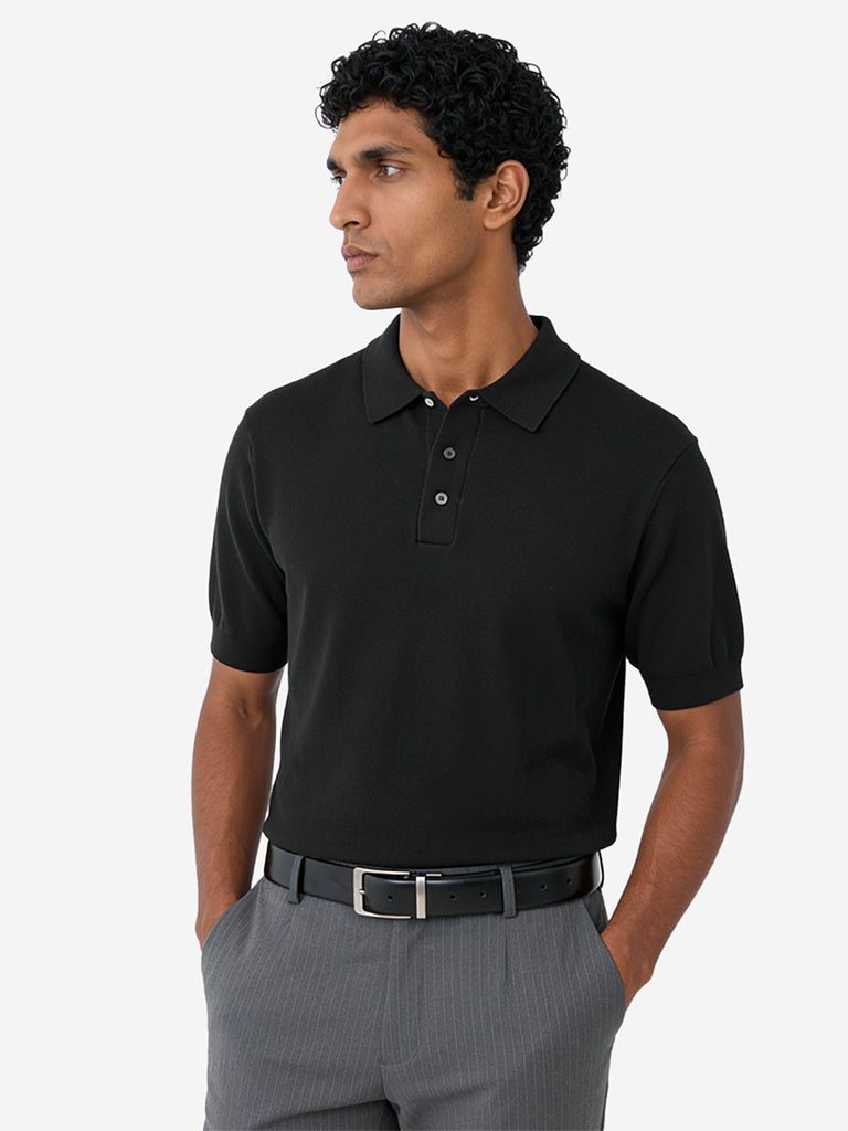 WES Formals Dark Green Solid Relaxed-Fit Cotton-Blend Polo T-Shirt