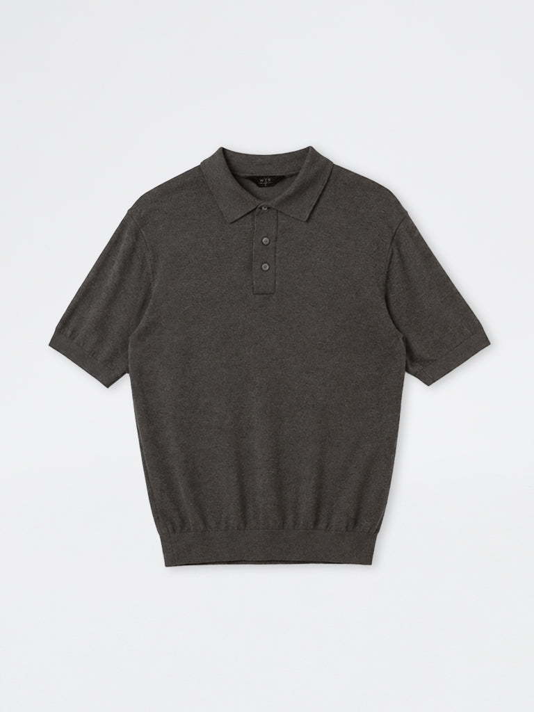 WES Formals Grey Solid Relaxed-Fit Cotton-Blend Polo T-Shirt