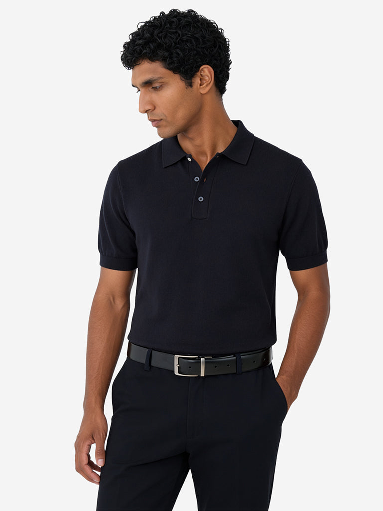 WES Formals Navy Solid Relaxed-Fit Cotton-Blend Polo T-Shirt