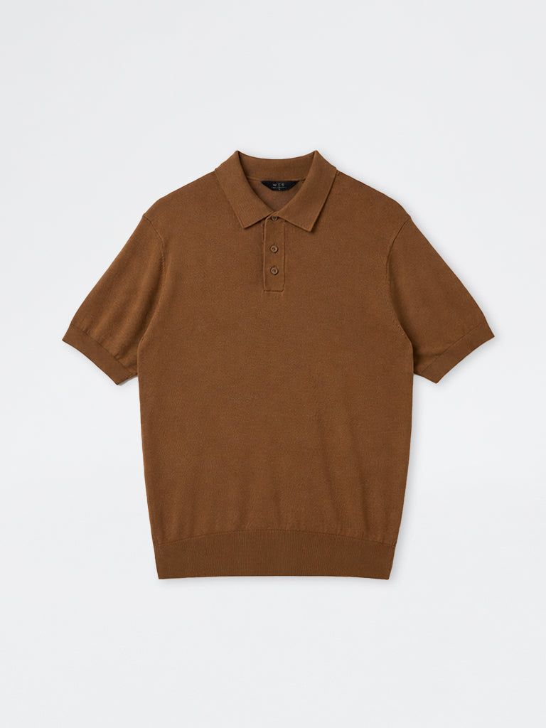 WES Formals Tan Solid Relaxed-Fit Cotton-Blend Polo T-Shirt