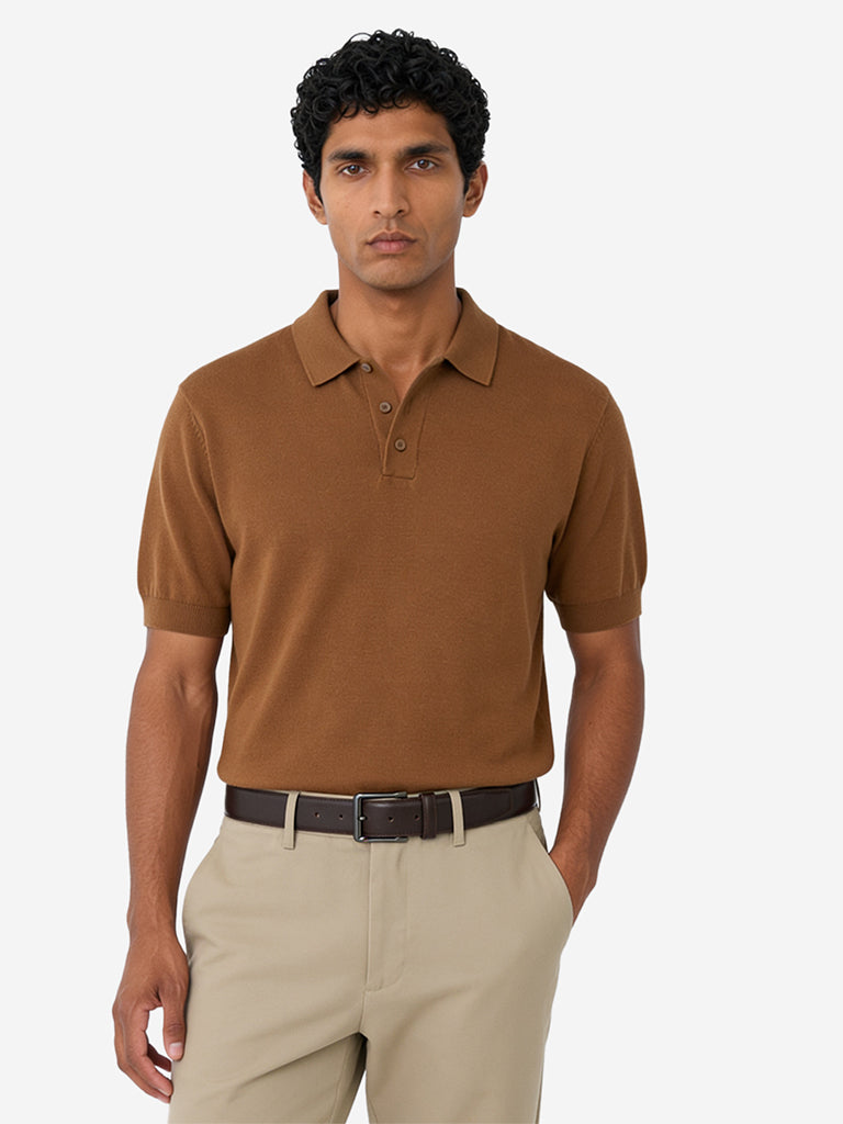 WES Formals Tan Solid Relaxed-Fit Cotton-Blend Polo T-Shirt