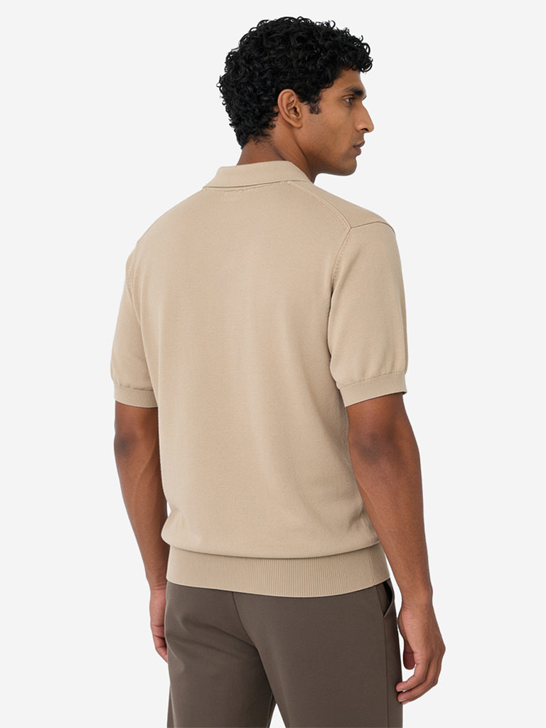 WES Formals Beige Solid Relaxed-Fit Cotton-Blend Polo T-Shirt