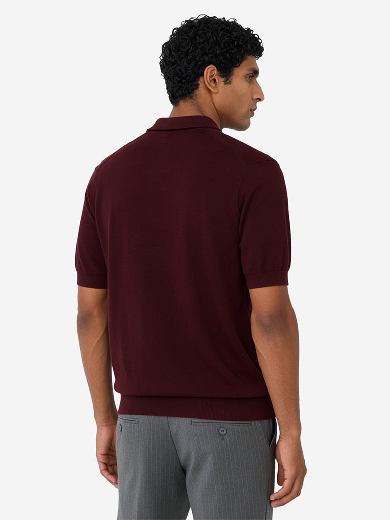 WES Formals Wine Solid Relaxed-Fit Cotton-Blend Polo T-Shirt