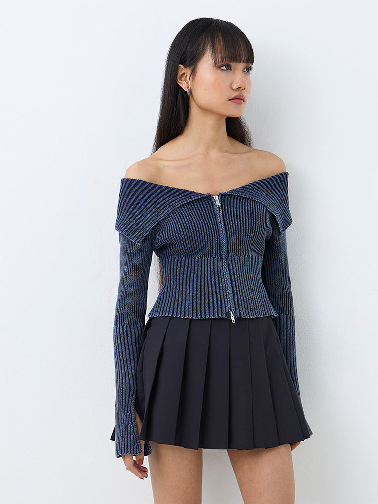 Nuon Dusty Blue Ribbed-Knit Off-Shoulder Cotton Top