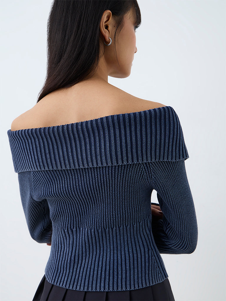 Nuon Dusty Blue Ribbed-Knit Off-Shoulder Cotton Top