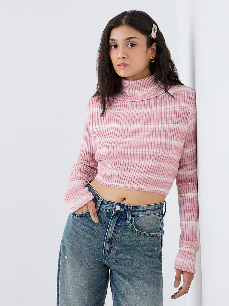 Nuon Pink Striped Ribbed-Textured Sweater