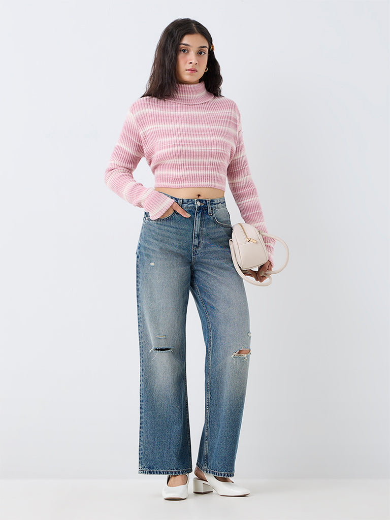 Nuon Pink Striped Ribbed-Textured Sweater