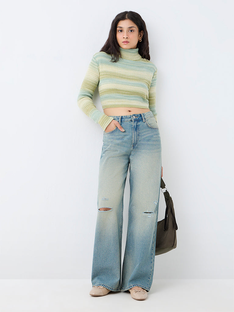 Nuon Sage Striped Ribbed-Textured Sweater