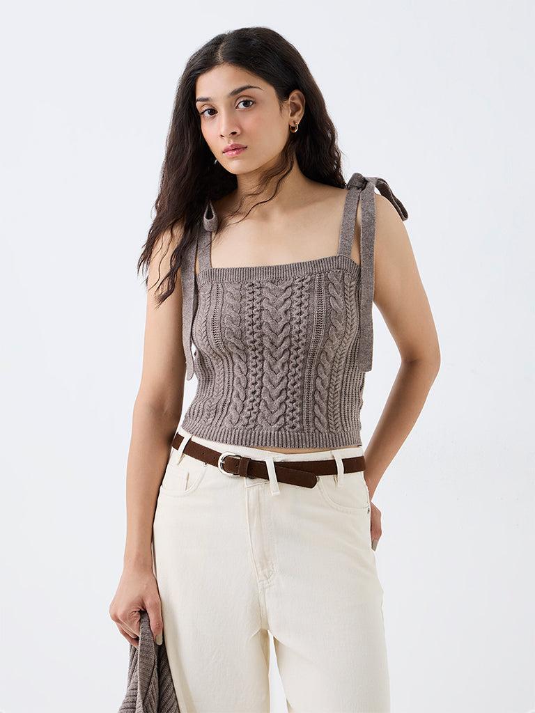 Nuon Taupe Cable-Knit Top with Cardigan