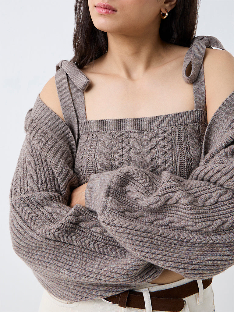 Nuon Taupe Cable-Knit Top with Cardigan