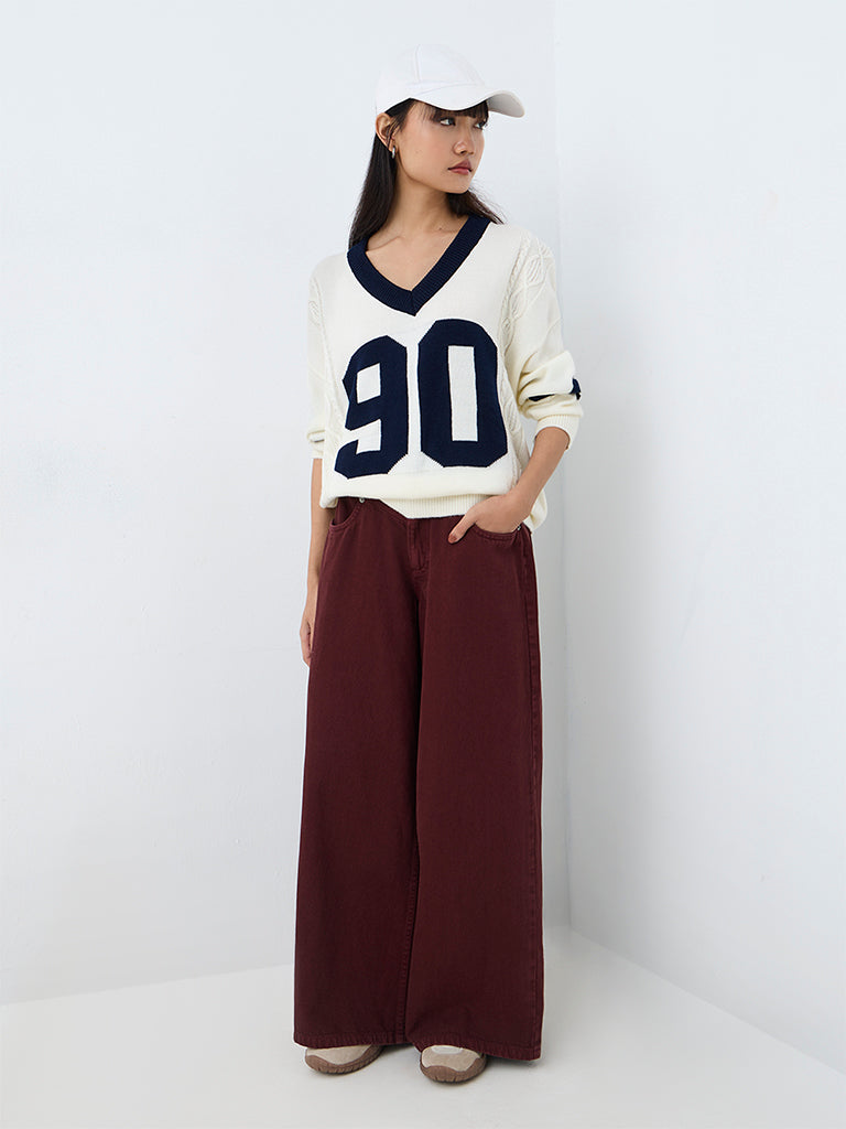 Nuon Off-White Numerical Design Knitted Sweater
