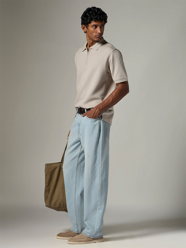 WES Casuals Light Blue Washed Straight-Fit Mid-Rise Jeans