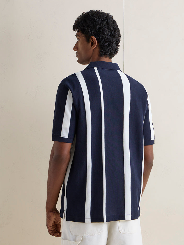 WES Casuals Navy Striped Relaxed-Fit Cotton-Blend Polo T-Shirt