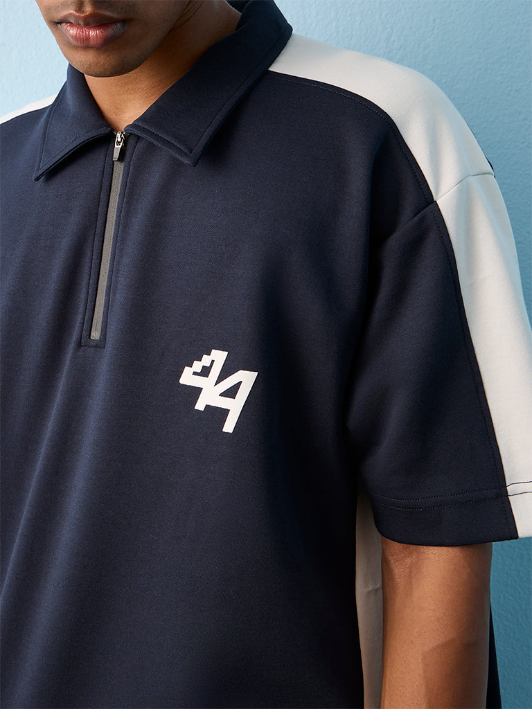 Nuoflexx Navy Colour-Blocked Relaxed-Fit Cotton-Blend Polo T-Shirt