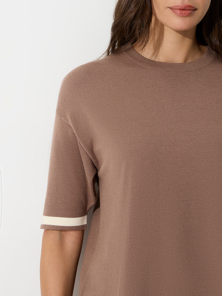 Wunderlove Taupe Contrast-Detailed T-Shirt