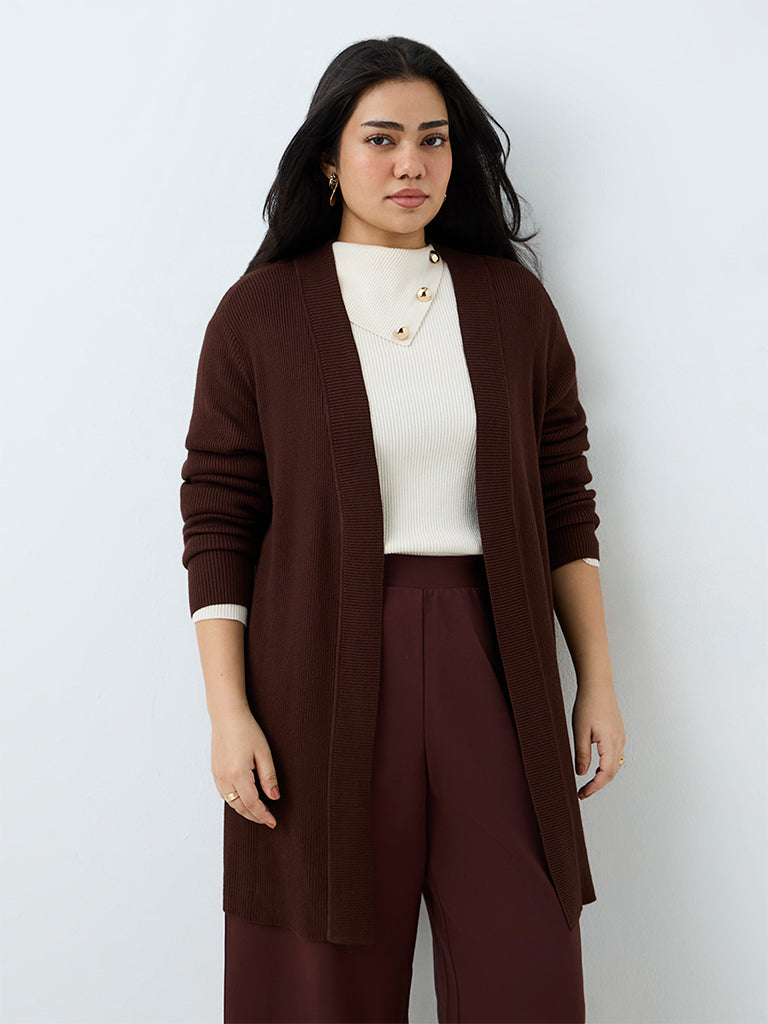 Gia Dark Brown Ribbed-Knit Longline Cardigan