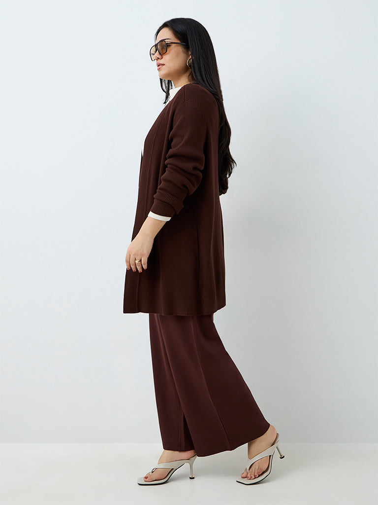 Gia Dark Brown Ribbed-Knit Longline Cardigan