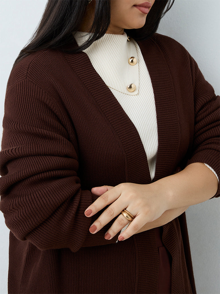 Gia Dark Brown Ribbed-Knit Longline Cardigan