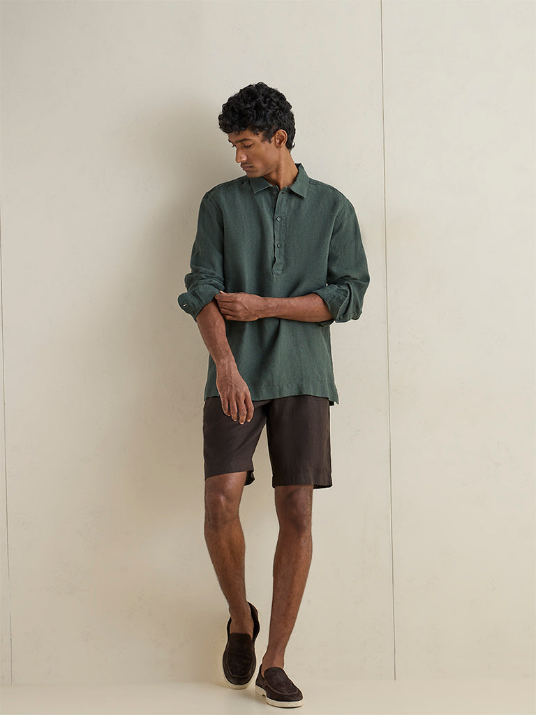 Ascot Dark Brown Relaxed-Fit Mid-Rise Linen Shorts