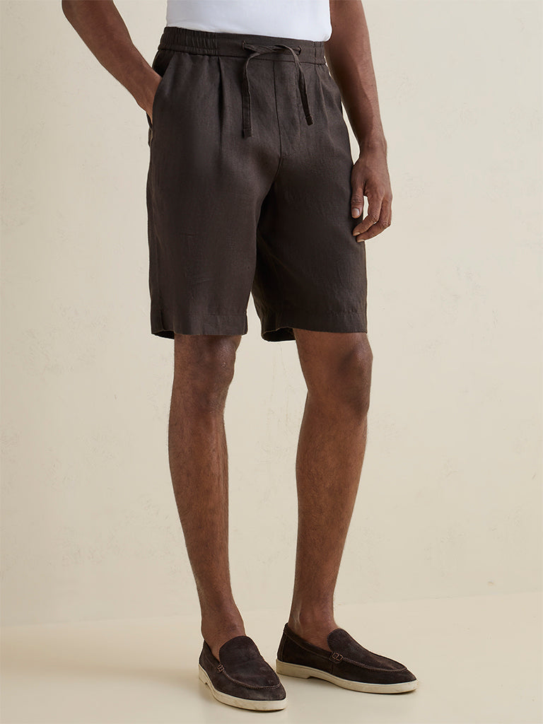 Ascot Dark Brown Relaxed-Fit Mid-Rise Linen Shorts