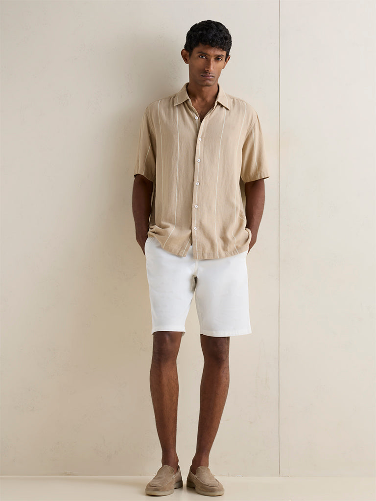 Ascot Beige Striped Relaxed-Fit Linen-Blend Shirt