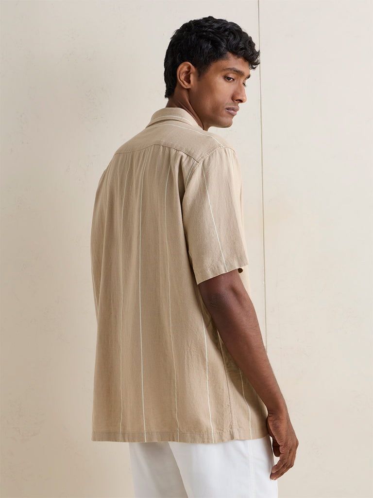 Ascot Beige Striped Relaxed-Fit Linen-Blend Shirt