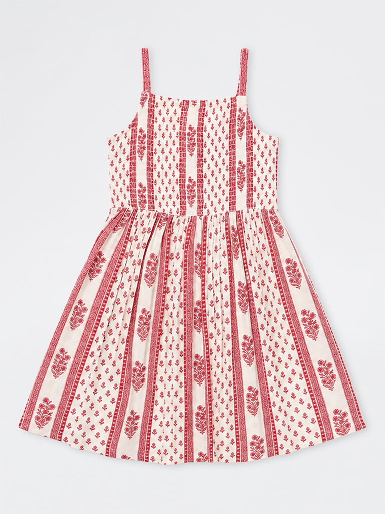 Utsa Kids Girls Off-White Striped Floral Printed A-Line Dress - (8 - 14yrs)