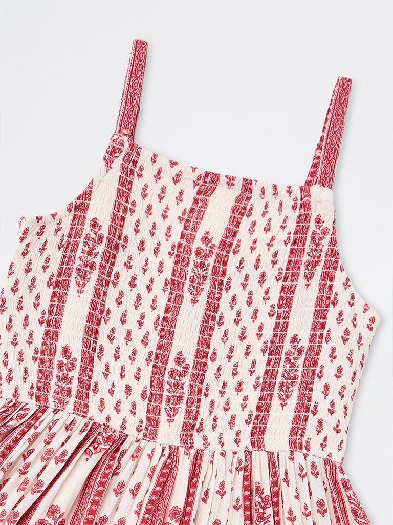 Utsa Kids Girls Off-White Striped Floral Printed A-Line Dress - (8 - 14yrs)